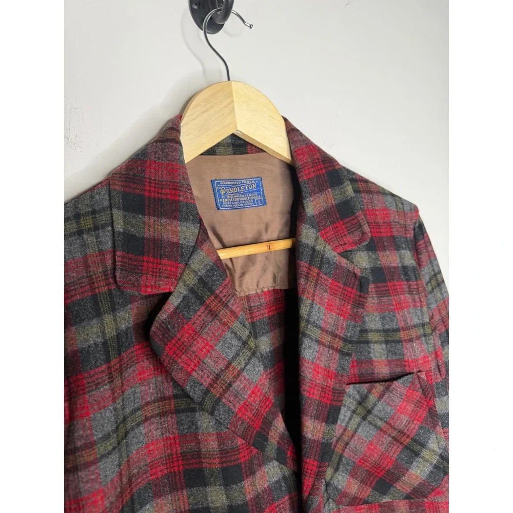 Vintage 60s 70s Pendleton Wool Blazer Mens Small Red Plaid 3 Button Patch Pocket
